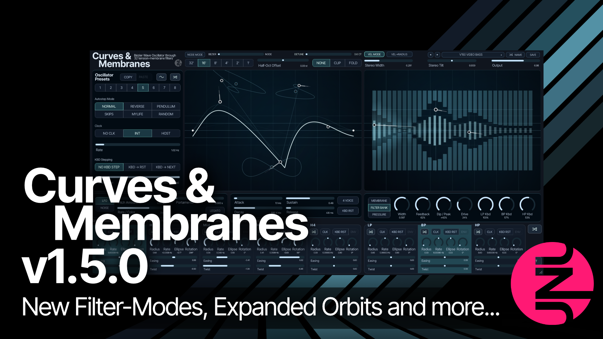 Curves & Membranes v1.5.0 showing the new Filter Bank mode and expanded orbital controls