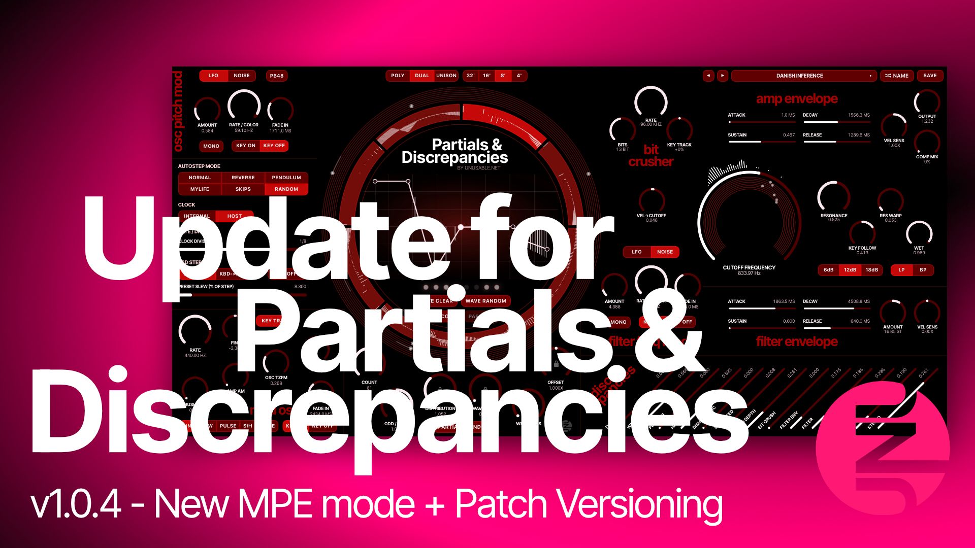 Partials & Discrepancies v1.0.4 update artwork showing the synth interface
