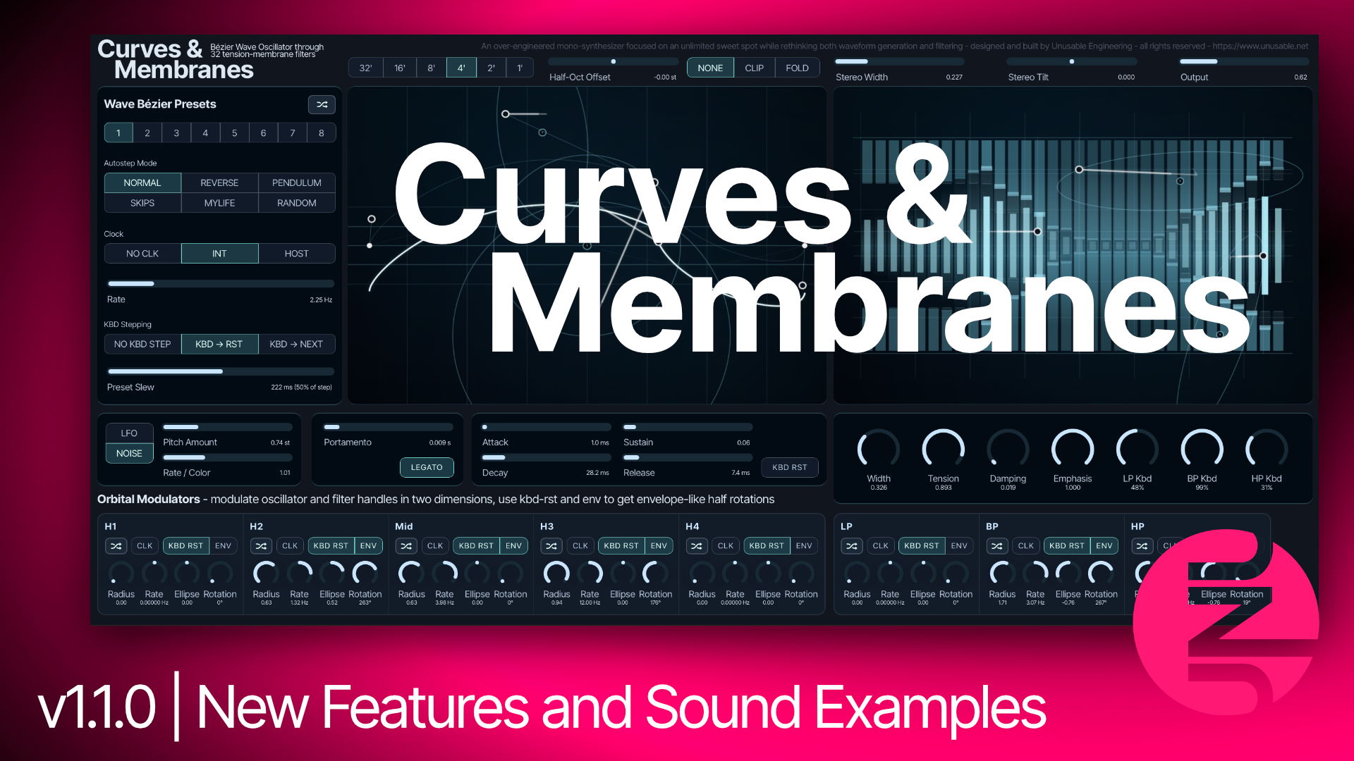 Curves & Membranes v1.1.0 features and sound examples poster
