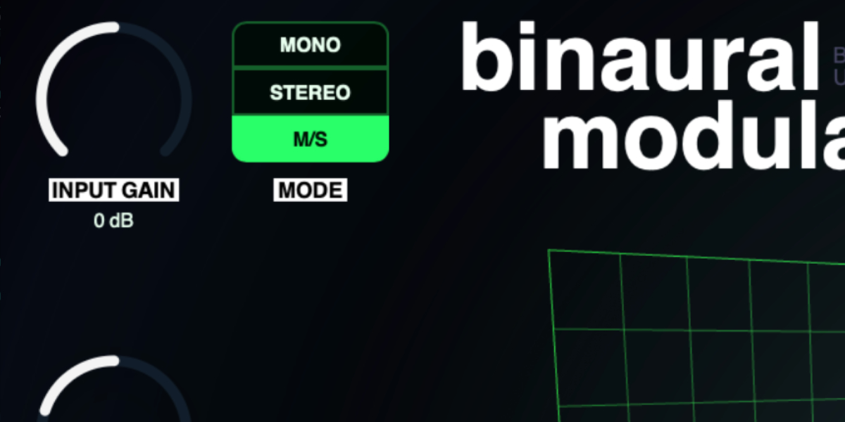 Binaural Modulator Input Gain, Mono, Stereo, and M S mode controls with moving source nodes