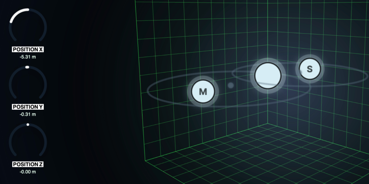 Binaural Modulator room, listener, source nodes, and Position X Y Z controls