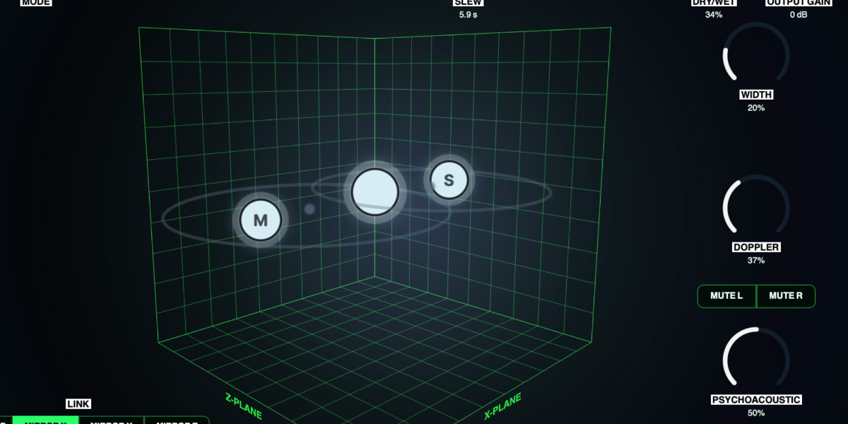 Binaural Modulator Dry Wet, Output Gain, Width, Doppler, mute, and Psychoacoustic controls