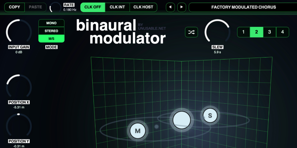 Binaural Modulator Copy, Paste, Rate, clock controls, Slew, Random, and four slots
