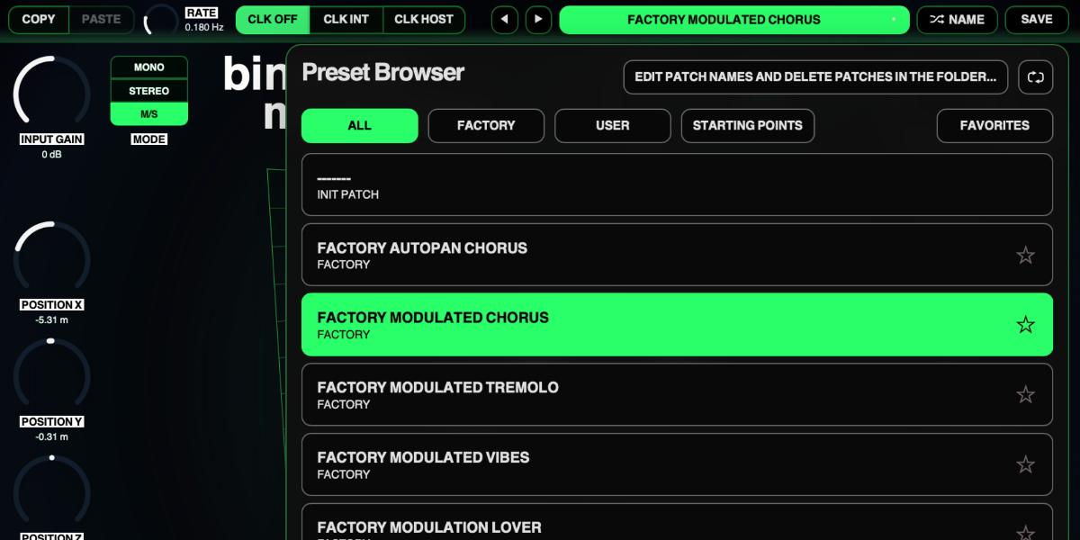 Binaural Modulator preset navigation, name display, random name, and save controls