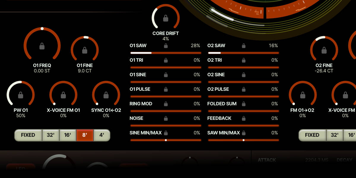 Currents and Nostalgia oscillator tuning and register controls
