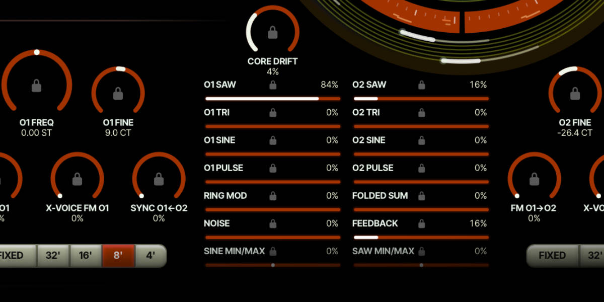 Currents and Nostalgia oscillator FM, sync and waveform mixer controls