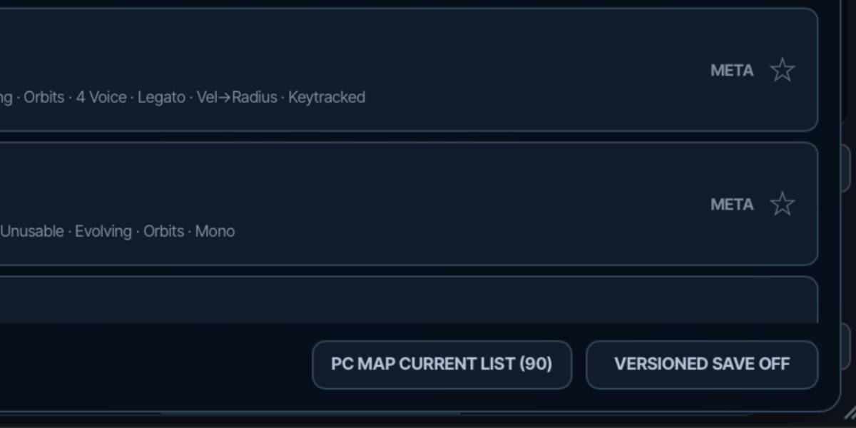 Preset browser with the Program Change map and Versioned Save controls