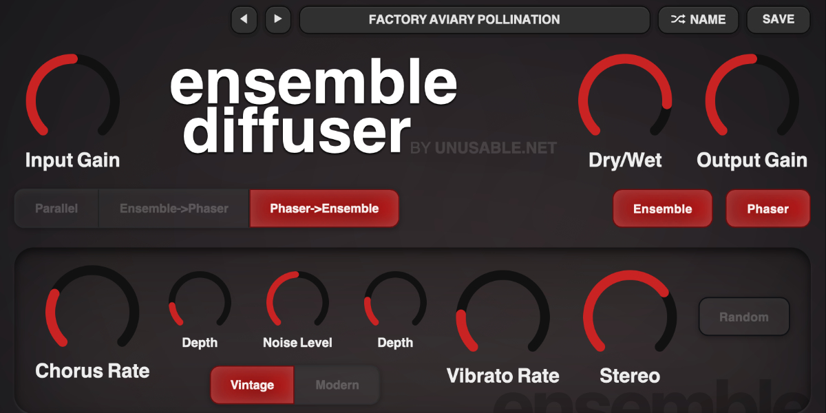 Ensemble Diffuser input, routing, circuit enable, Dry Wet, and output controls