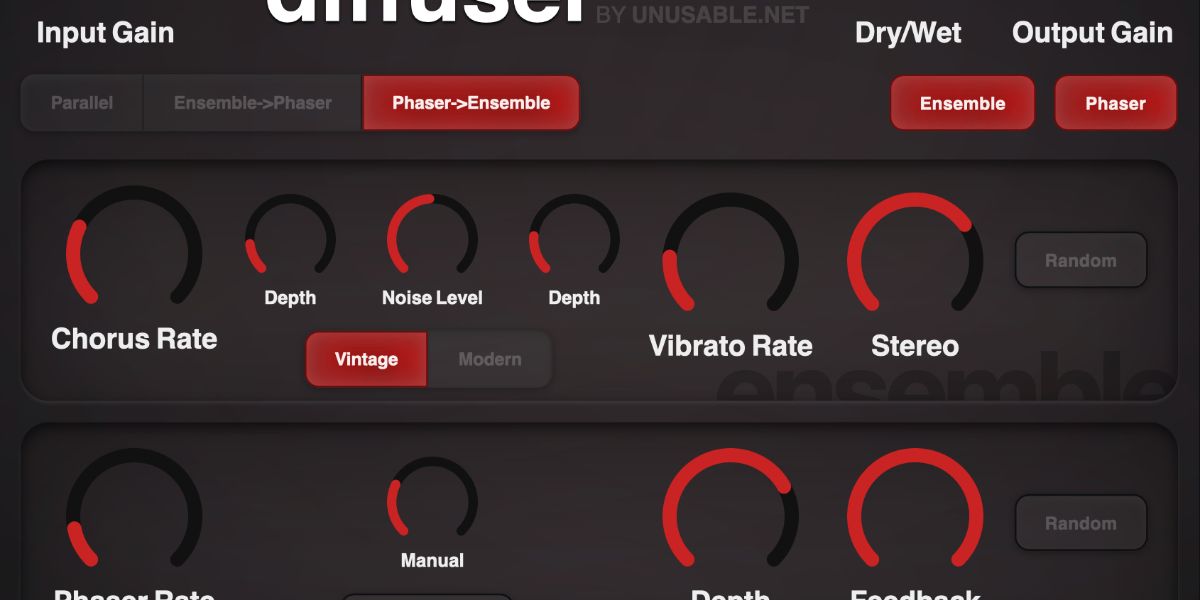 Ensemble Diffuser chorus, vibrato, phase mode, stereo, noise, and random controls