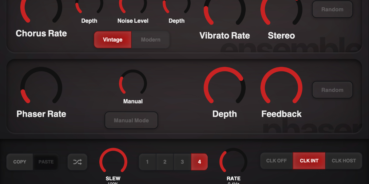 Ensemble Diffuser phaser rate, manual mode, depth, feedback, and random controls