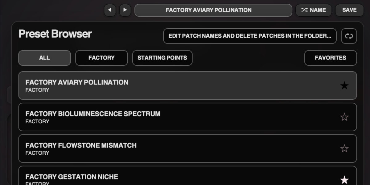 Ensemble Diffuser preset navigation, name display, and save controls