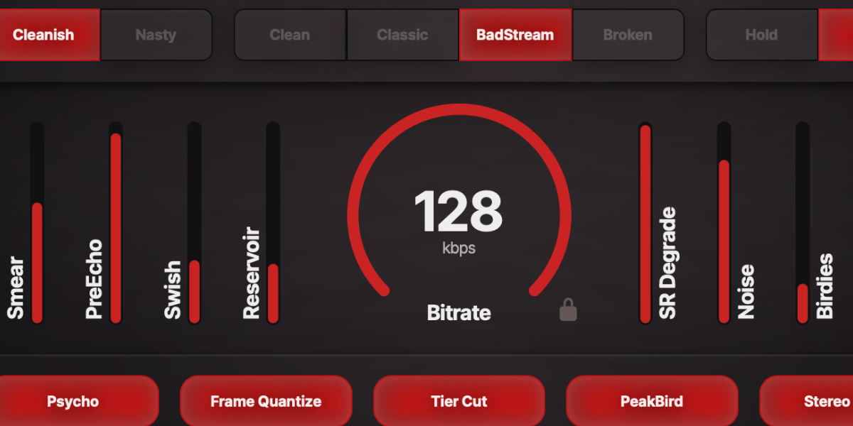Entropy Encoder Psycho, Frame Quantize, Tier Cut, PeakBird, Stereo MP3, and Glitch Mode controls
