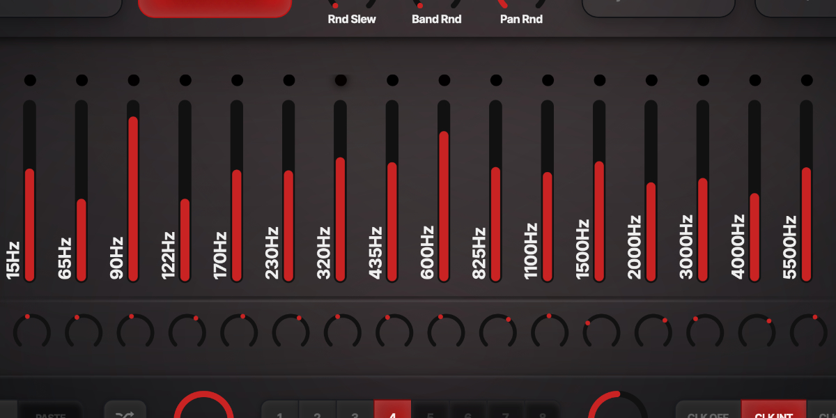 Sixteen Frequency Guillotine level faders, meters, frequency labels, and pan controls
