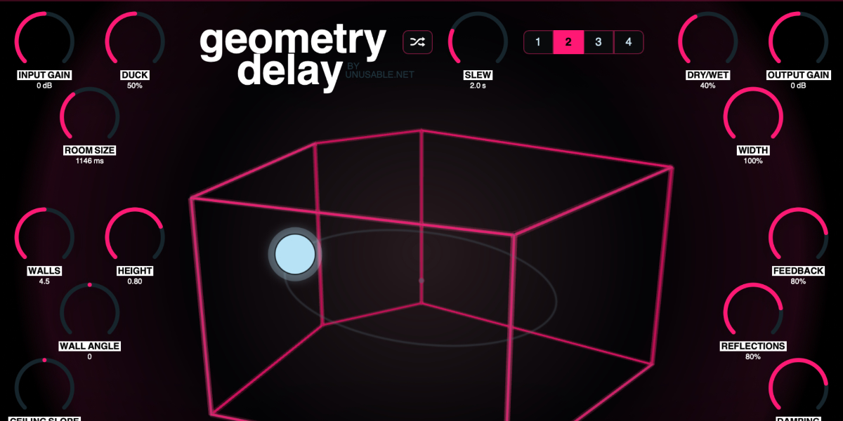 Geometry Delay input, output, width, feedback, reflections, damping, duck, and Dry Wet controls