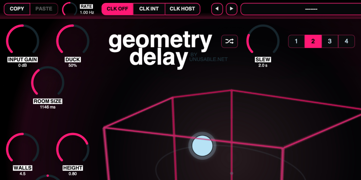 Geometry Delay Copy, Paste, Rate, clock controls, Slew, Random, and four slots