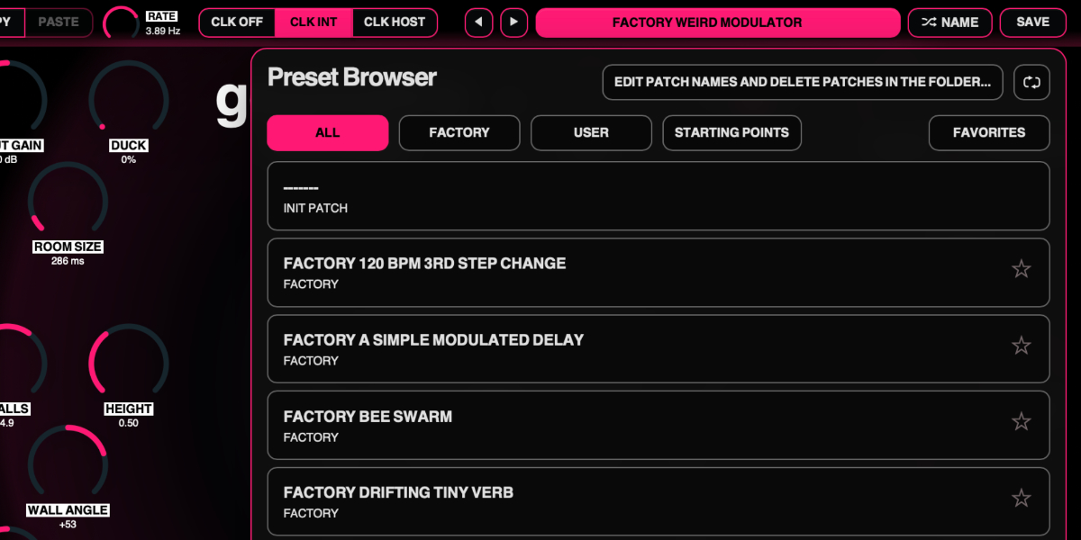 Geometry Delay preset navigation, name display, random name, and save controls
