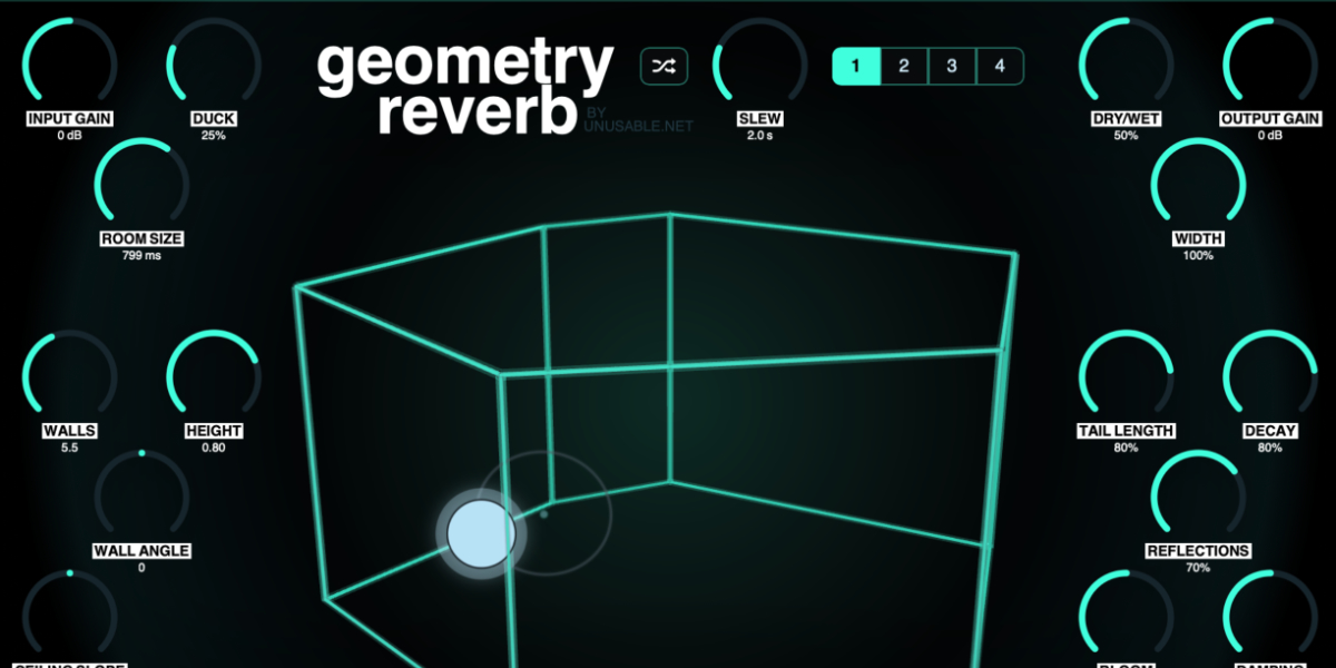 Geometry Reverb input, output, decay, tail length, reflections, damping, bloom, width, duck, and Dry Wet controls