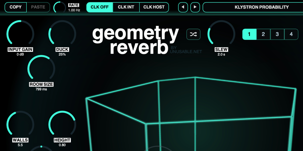 Geometry Reverb Copy, Paste, Rate, clock controls, Slew, Random, and four slots
