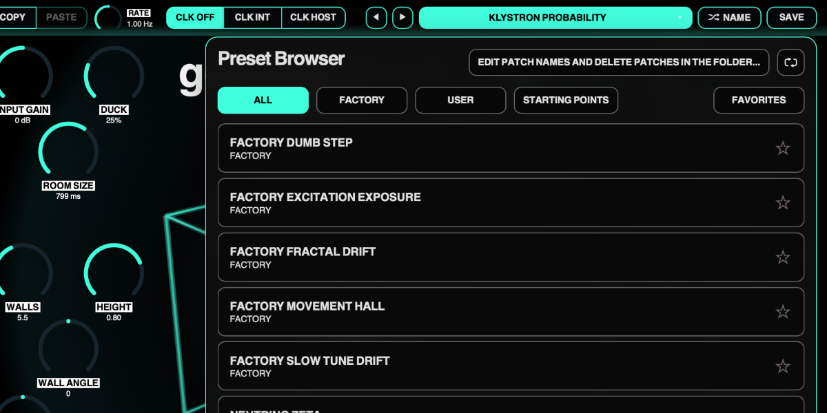 Geometry Reverb preset navigation, name display, random name, and save controls