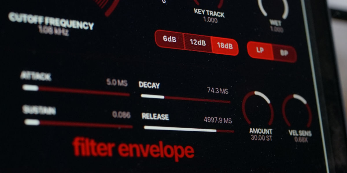 Filter envelope amount, velocity, and ADSR controls