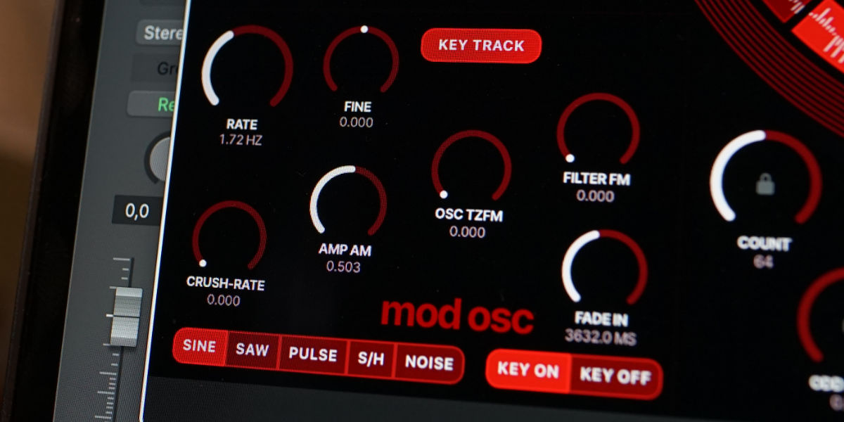 Modulation oscillator waveform, rate, fade, and destination controls