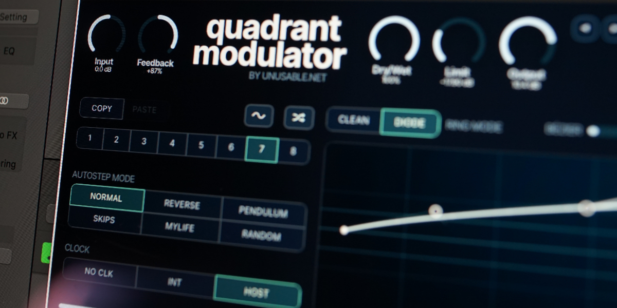 Quadrant Modulator interface showing input, feedback, dry wet, limiter, output, and waveform controls