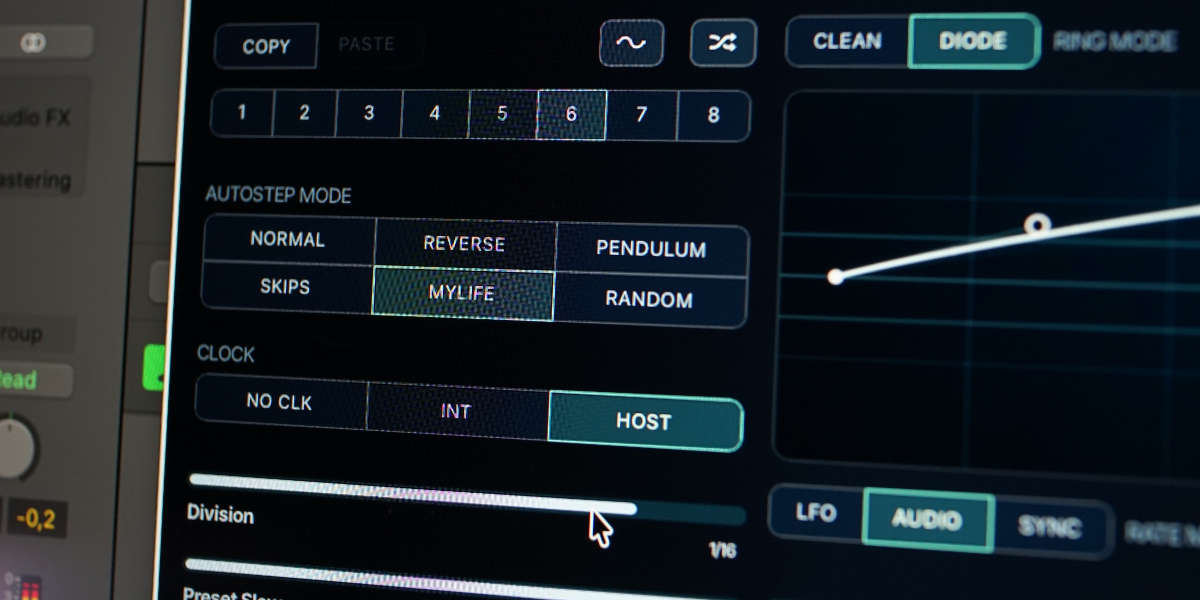 Quadrant Modulator slot buttons, sequencing patterns, and host clock controls