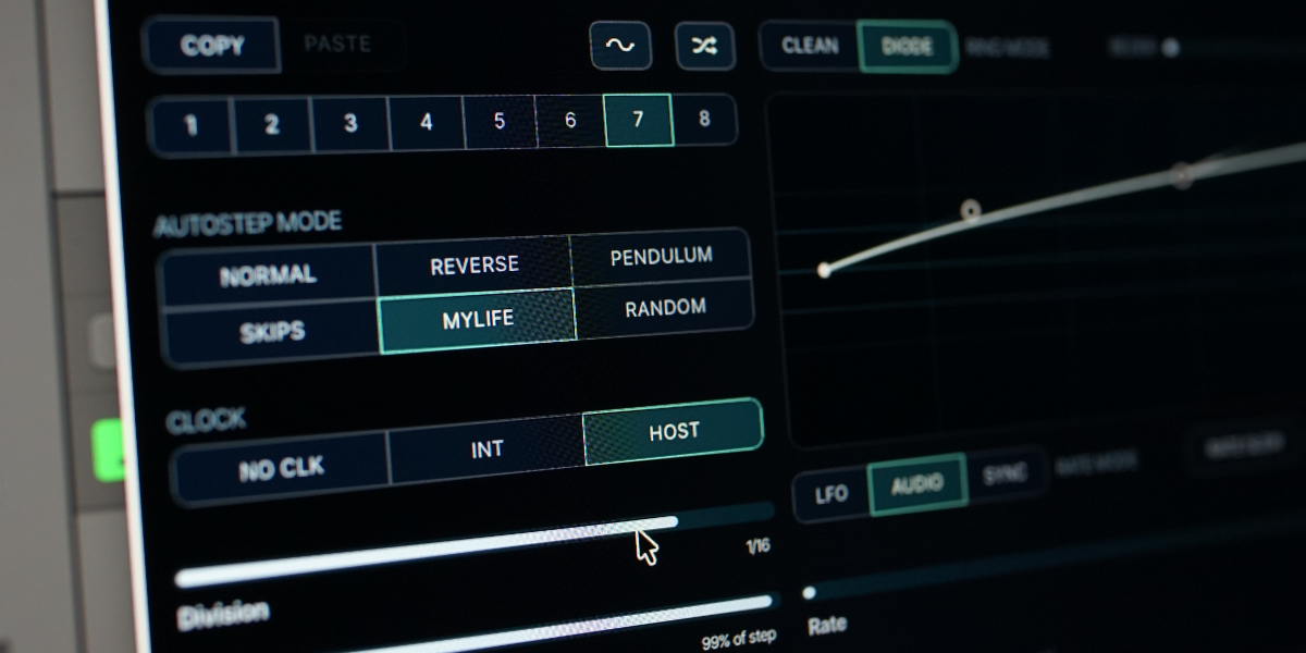 Quadrant Modulator sequencer patterns, clock, division, and slew controls