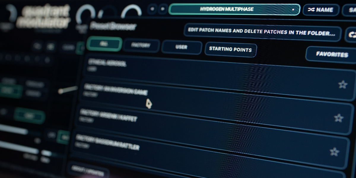 Quadrant Modulator preset browser with factory, user, starting points, and favorites filters