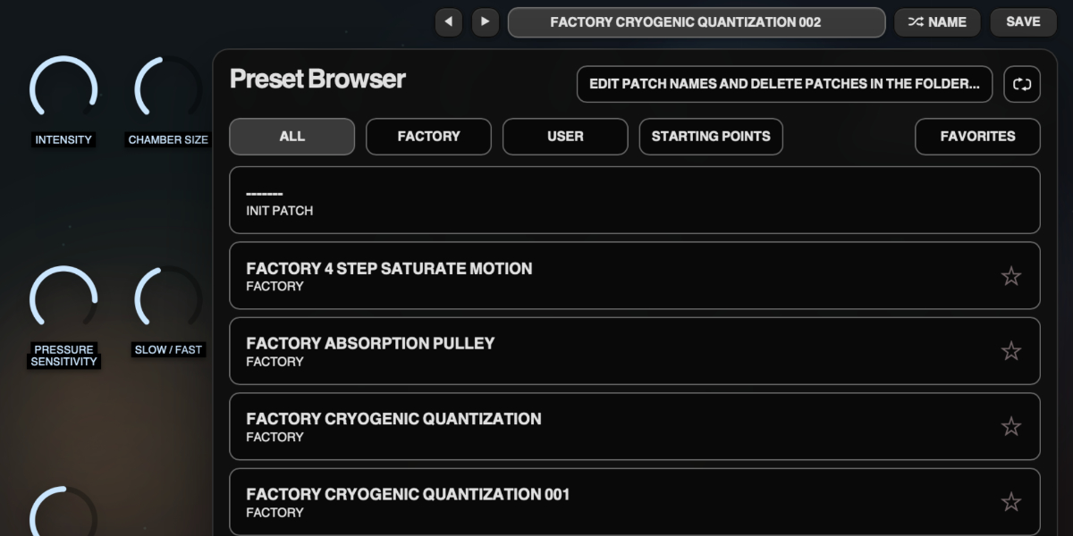 Spectral Pressure Chamber preset navigation, name display, and save controls