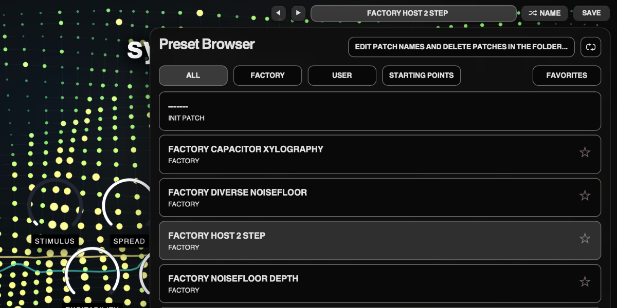 Synaptic Resonance preset navigation, name display, and save controls